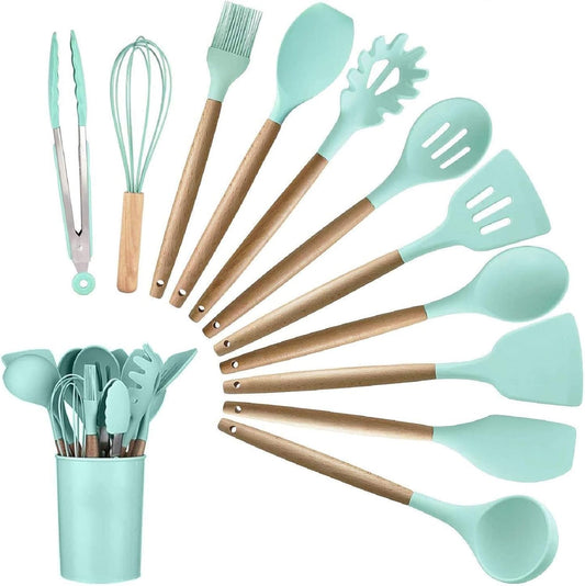 Silicone Cooking Utensils Set, 12 PCS Wooden Spoons for Cooking, Tongs Spatula Spoon for Nonstick Cookware - Best Kitchen Tools Gadgets (Green)