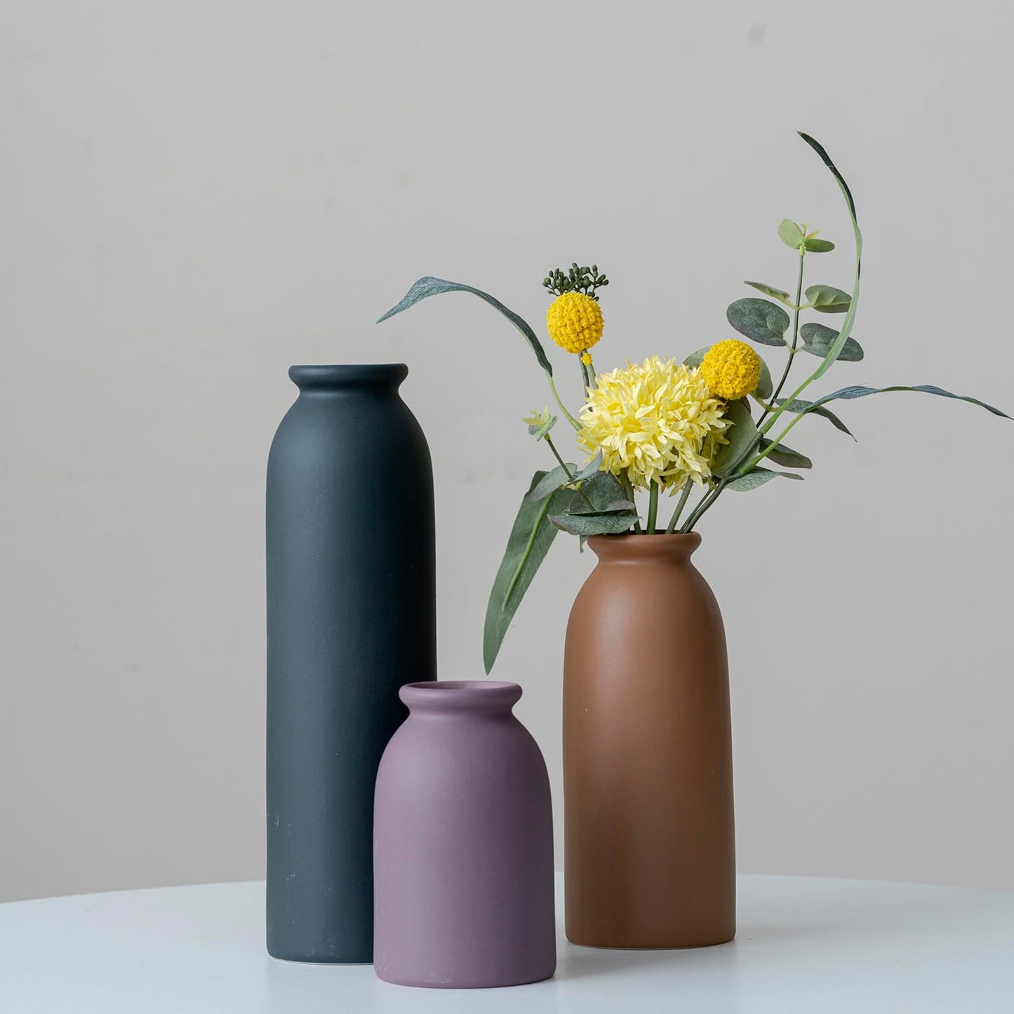 10.4 inches Tall Decorative Ceramic Vase Set, 3 Pieces, Nordic Modern Boho Style, White, for Home Decor (Black Mix)