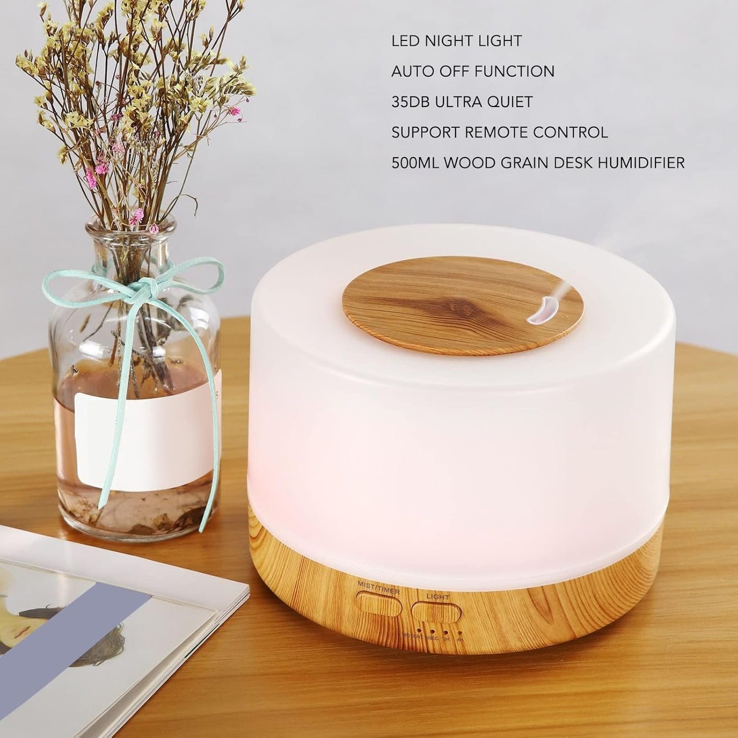 Portable Desk Humidifier, 500ml Wood Grain Air Humdifier, Low Noise Aromatherapy Diffuser with 7 Color LED Light and Remote Control, Auto Shut Down Aroma Diffuser(US Plug 110-240V)