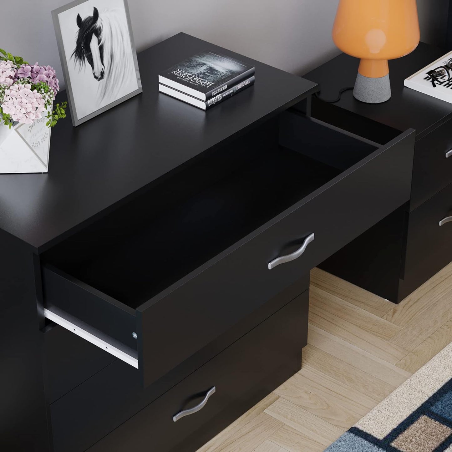 Home Discount Black Chest of Drawers, 4 Drawers with Metal Handles and Runners, Unique System with Guides, Riano Bedroom Furniture