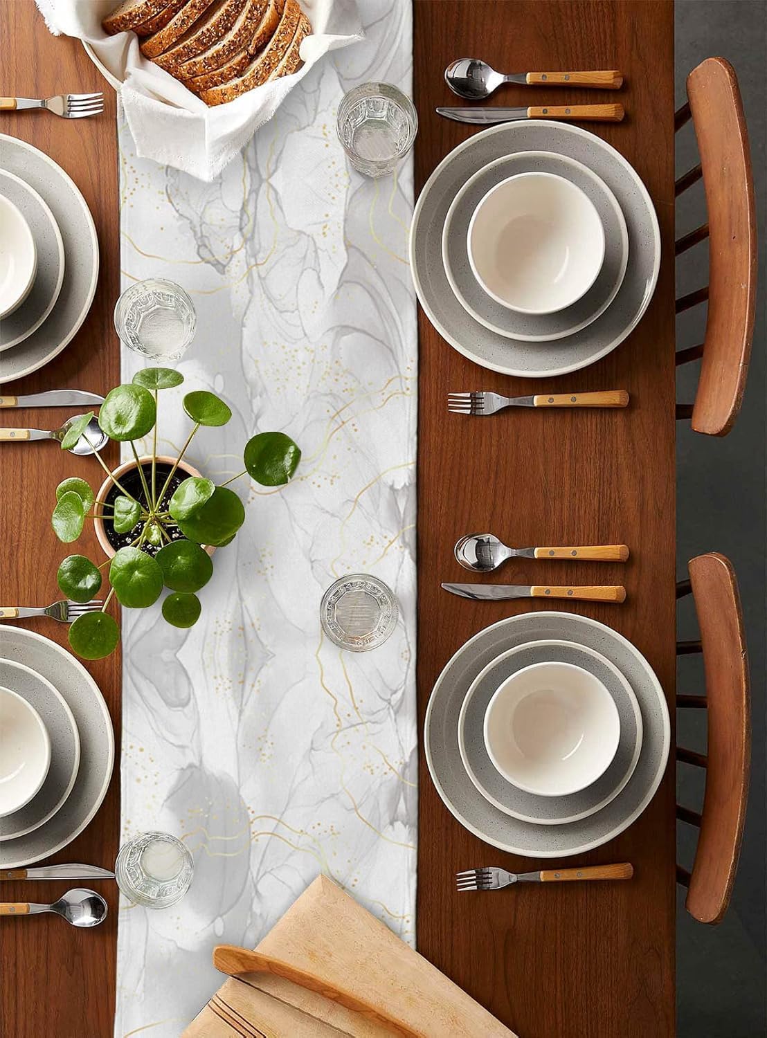 Natural White Grey Marble Stone Table Runners,Linen Cotton Table Runner Dresser Scarves Abstract Agate Gold Stripe Tabletop Scarf for Dining Room Kitchen Holiday Party (White Grey, 33CM*183CM)
