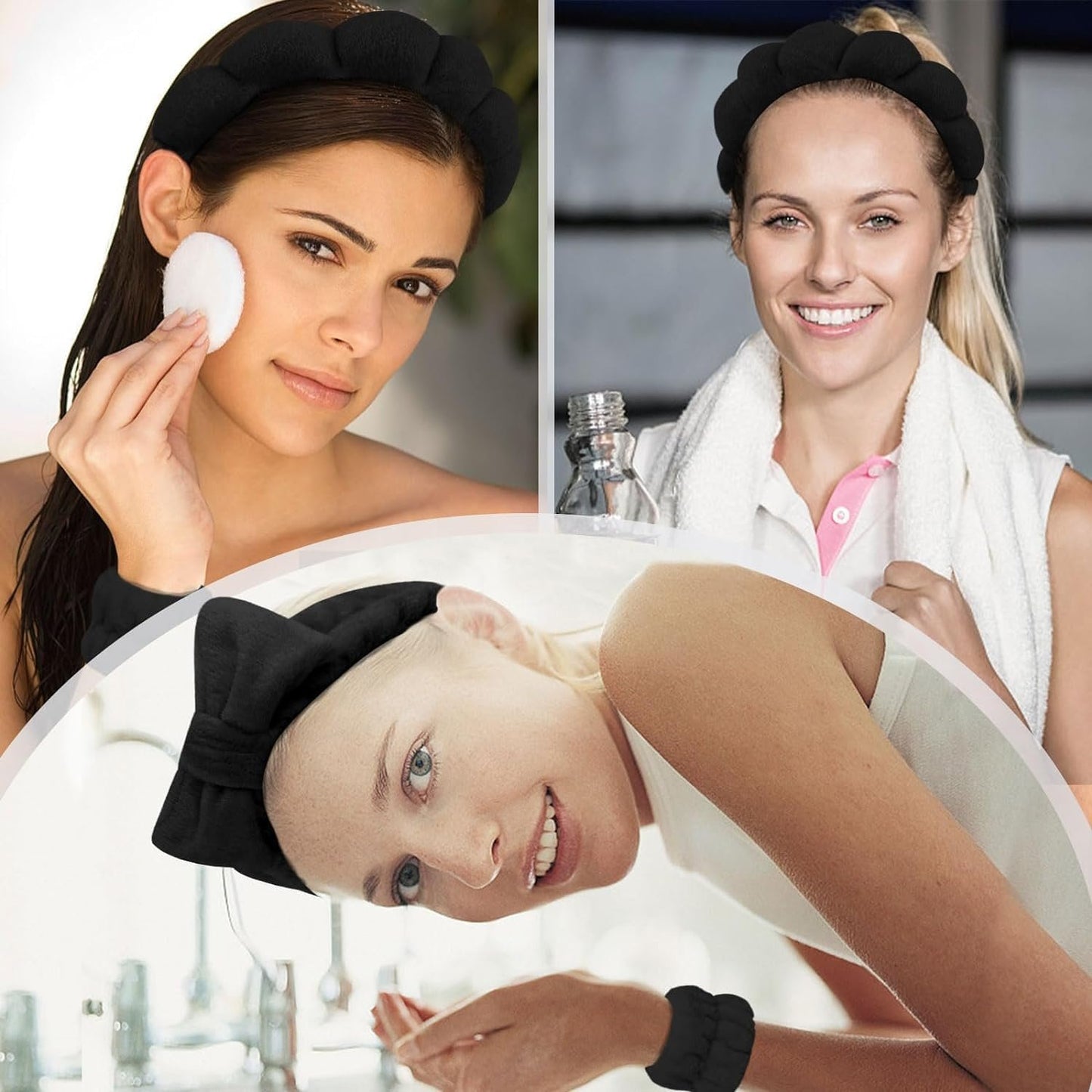 Spa Headbands for Washing Face, 4Pcs Headband for Women Makeup, Skincare Headbands Remover Spa Headband Bow Tie Headband Wristband Set Hair Accessories(Black)