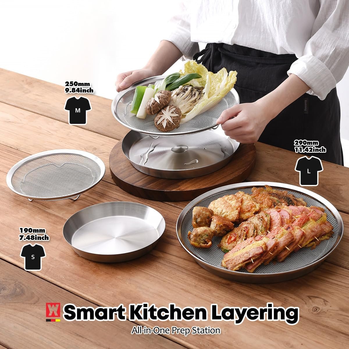 WAGENSTEIGER Stainless Steel Mesh Tray Set with Drip Pan, Air Fryer Basket and Tray, Kitchen Colander, Vegetable and Fruit Strainer, Food Filter, BBQ Prep Tool, Fruit Serving Dishes (7.48 inch)