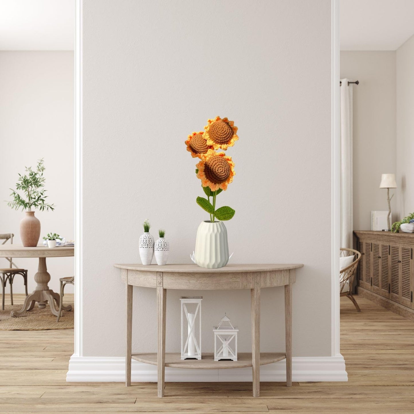 Ozfuns 3 Pcs Knitting Crochet Flowers Bouquet Handmade Sunflower Decor by Cotton Artificial Flowers Bouquet Handmade Home Decor Girl Gift