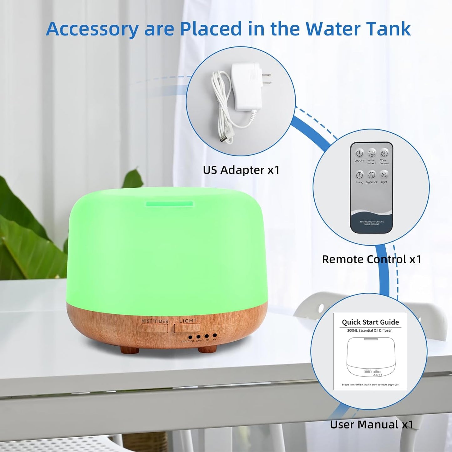 Aromatherapy Essential Oil Home Diffuser with Remote Control, 300ML Large Room Cool Mist Air Humidifier, 8 Hours Quiet Operation, Timer, 7 Colors LED Night Night,Suitable Home,Yoga.