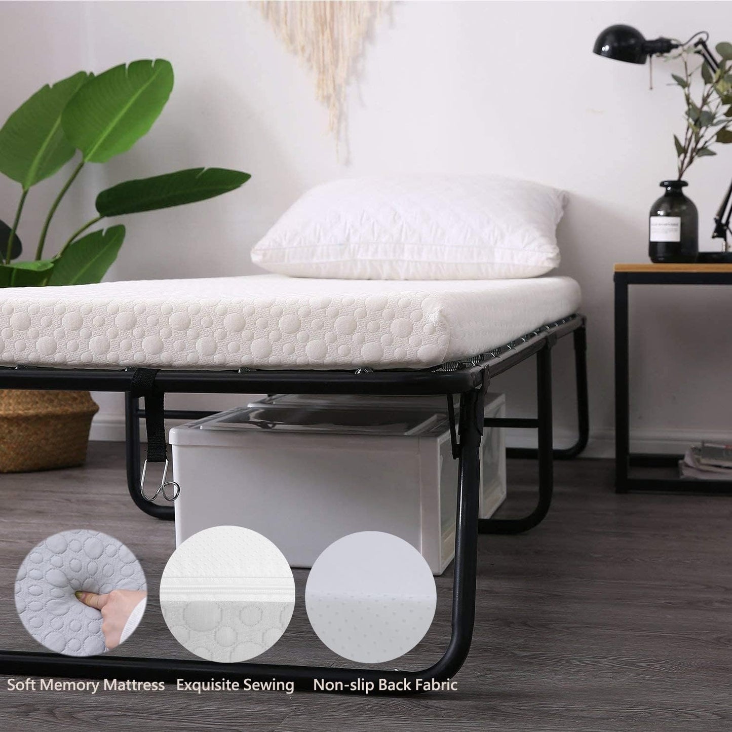 Leisuit Folding Guest Bed Cot Fold Out Bed - Portable Folding Bed Frame with Thick Memory Foam Mattress for Spare Bedroom & Office