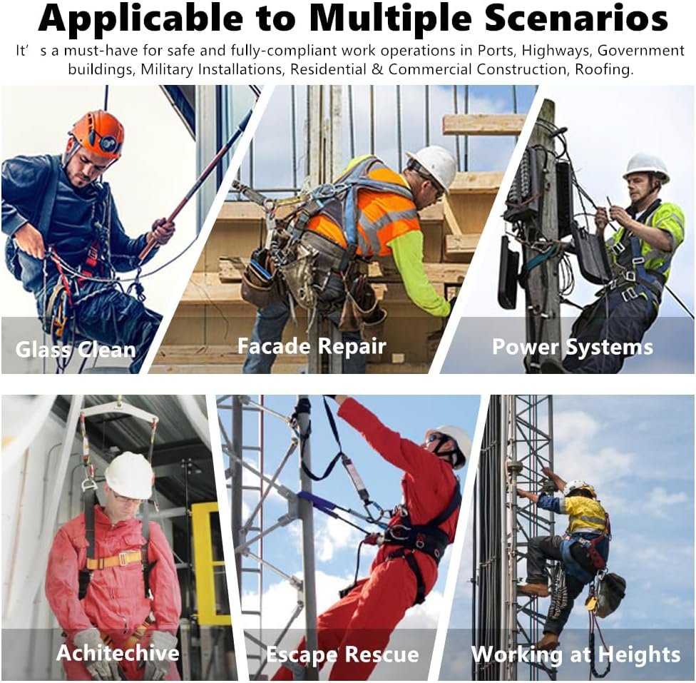 Fall Protection Full Body Safety Harness, 6” Thick Back Support Belt,5 Heavy Duty D-rings, Quick Release (OSHA/ANSI)