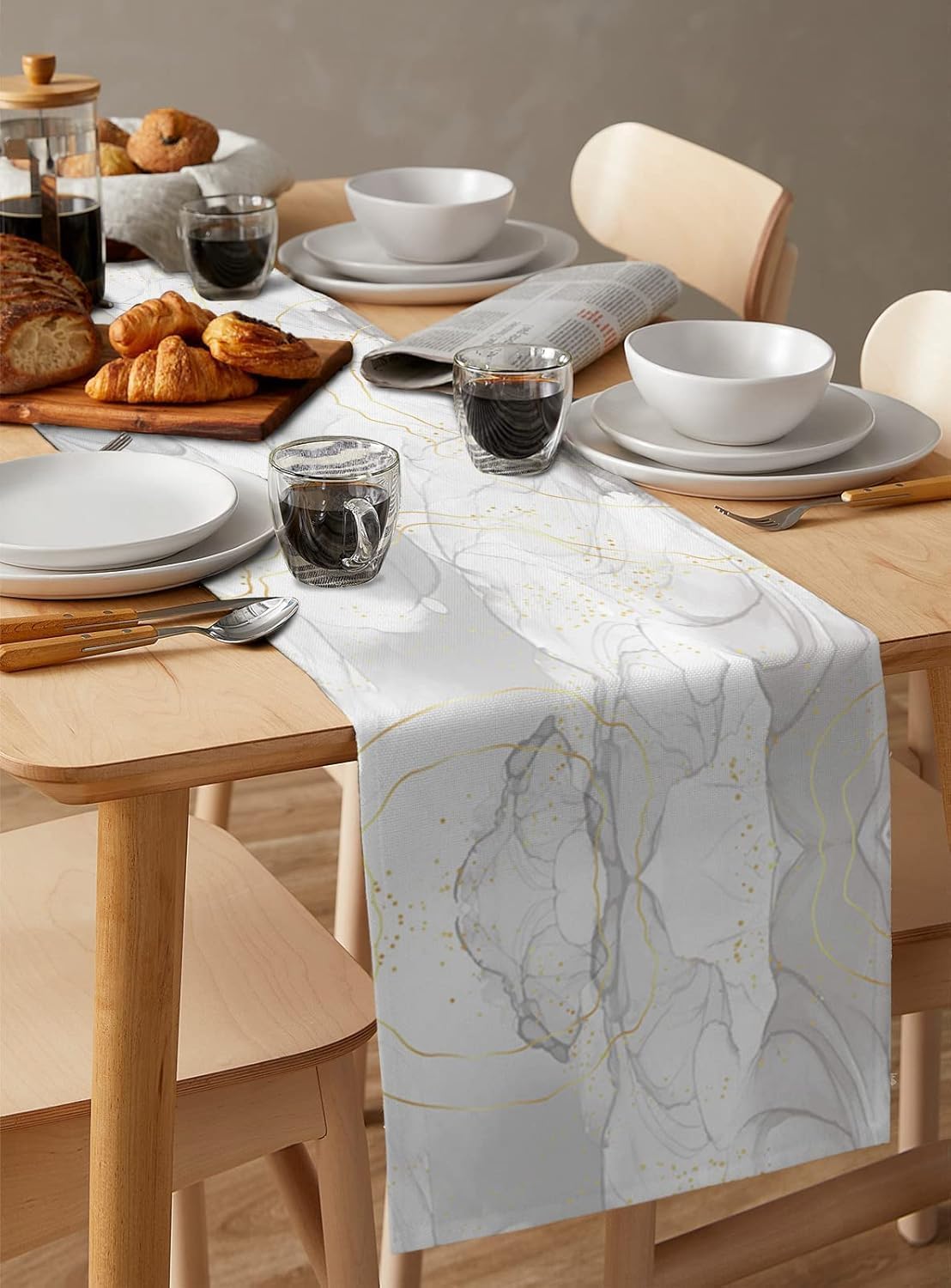 Natural White Grey Marble Stone Table Runners,Linen Cotton Table Runner Dresser Scarves Abstract Agate Gold Stripe Tabletop Scarf for Dining Room Kitchen Holiday Party (White Grey, 33CM*183CM)