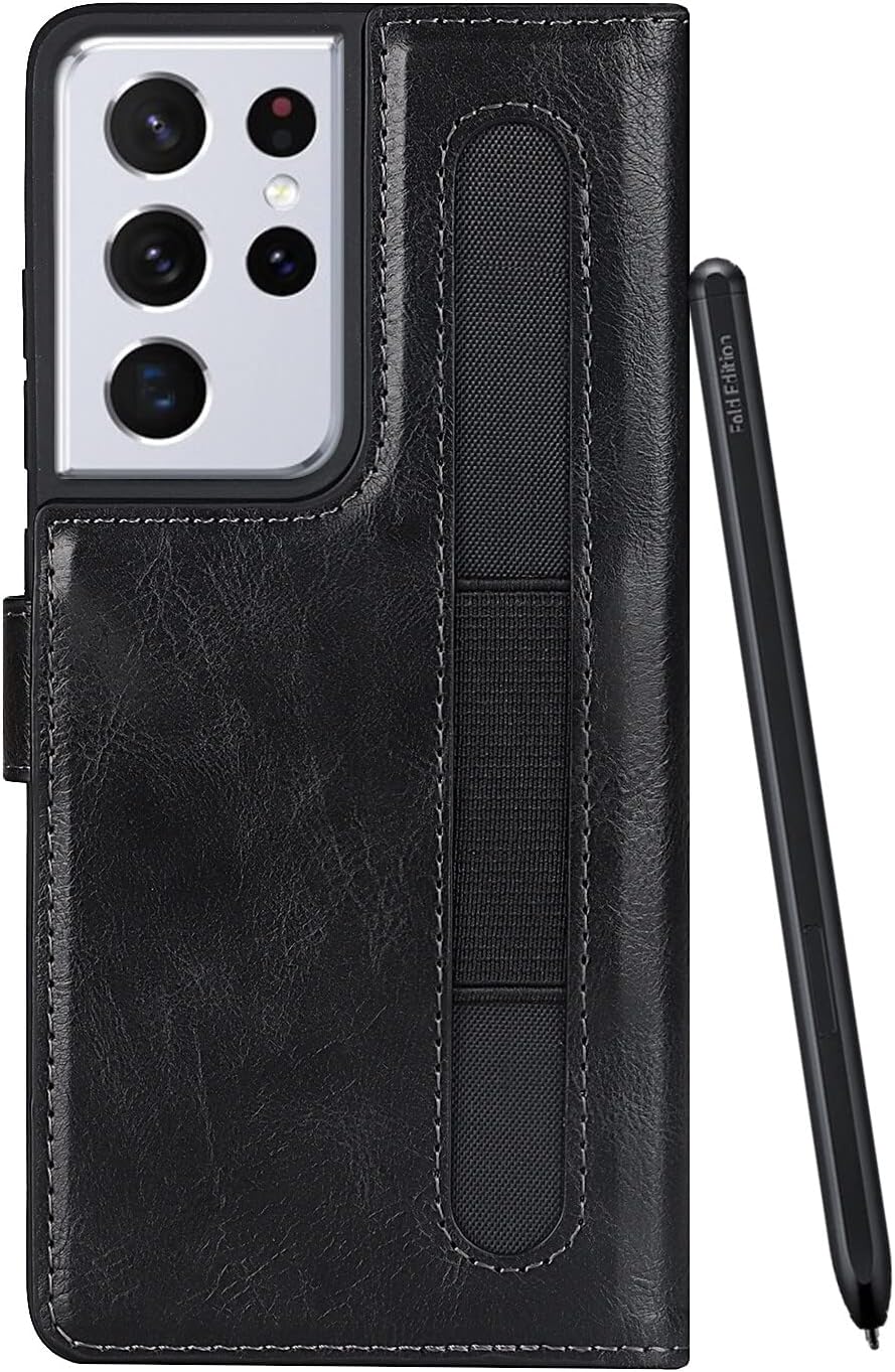 Cavor Wallet Case for Samsung Galaxy S21 Ultra 5G Case Crazy Horse Leather Flip Cover with S-Pen Pocket/S Pen Holder and Kickstand Card Slots Shockproof Protective Phone Cases-Black