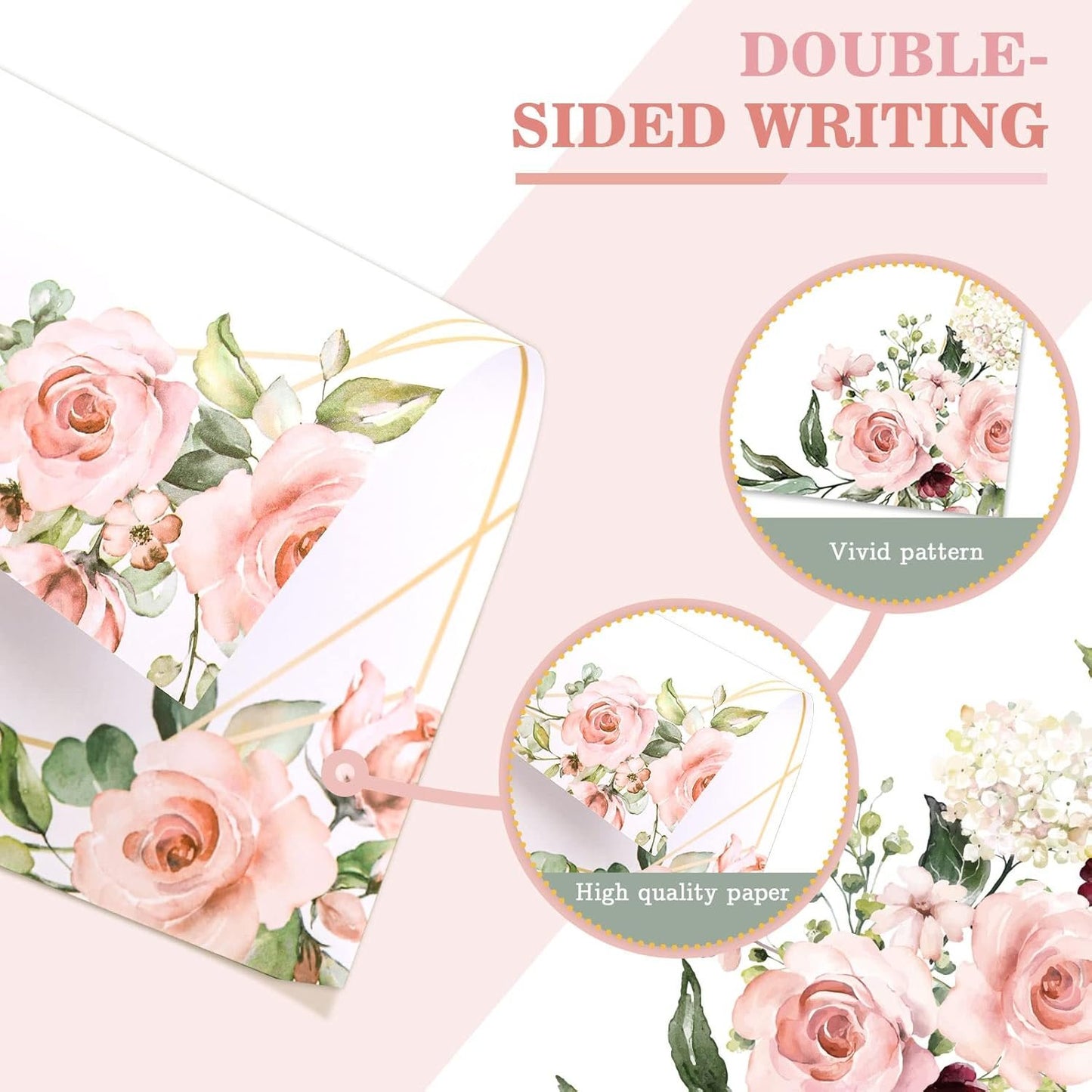 AnyDesign 48 Sheet Floral Stationery Letterhead Paper Pink Flower Letter Writing Paper Wedding Floral Border Paper Notes Greeting Paper for Wedding Party Invitations School Printing, 8.5x11 Inch