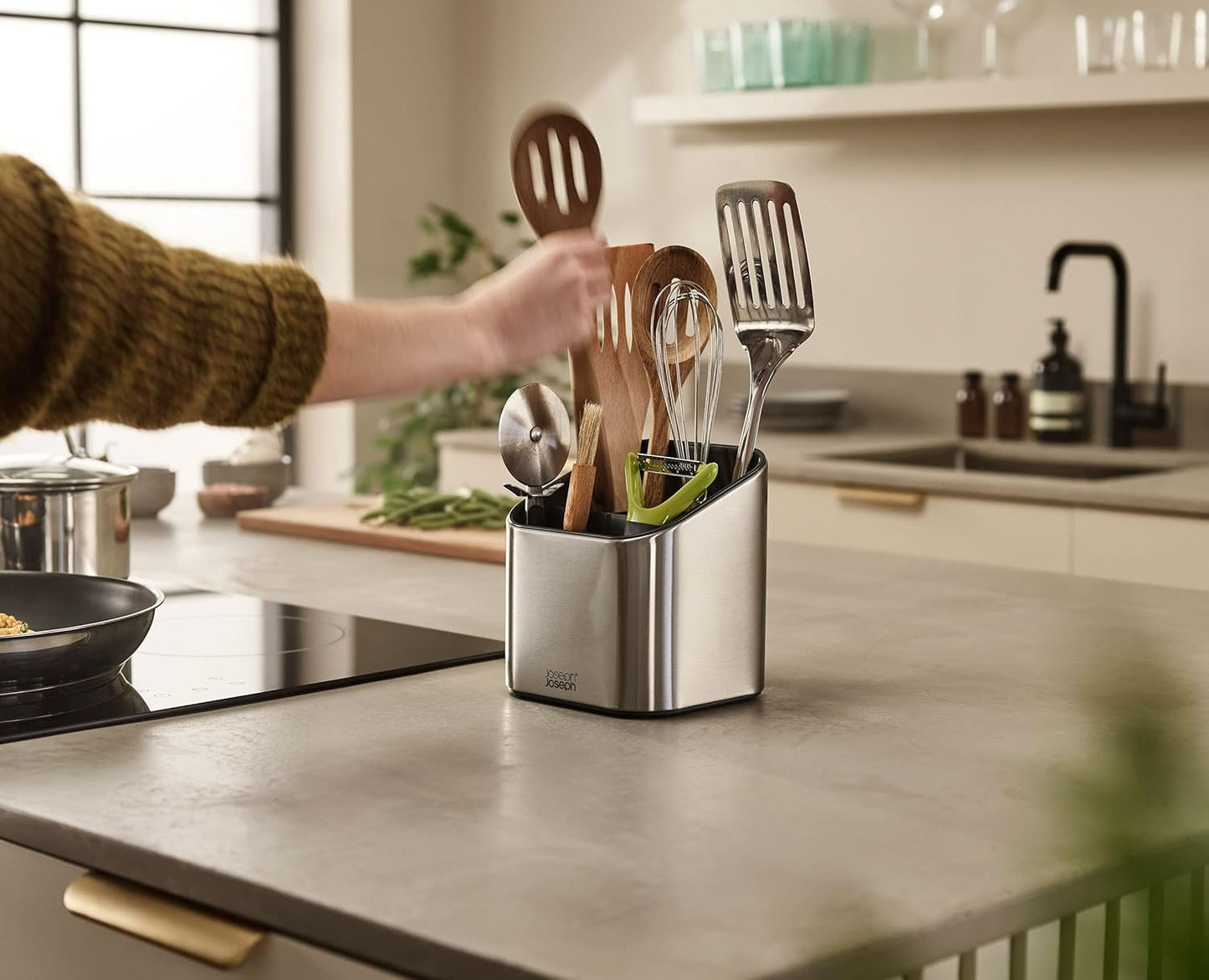 Joseph Joseph Surface Stainless Steel Utensil Holder with Large Capacity, Non-Slip Feet and Dividers, Fingerprint Proof Kitchen Utensil Holder and Gadgets - Grey