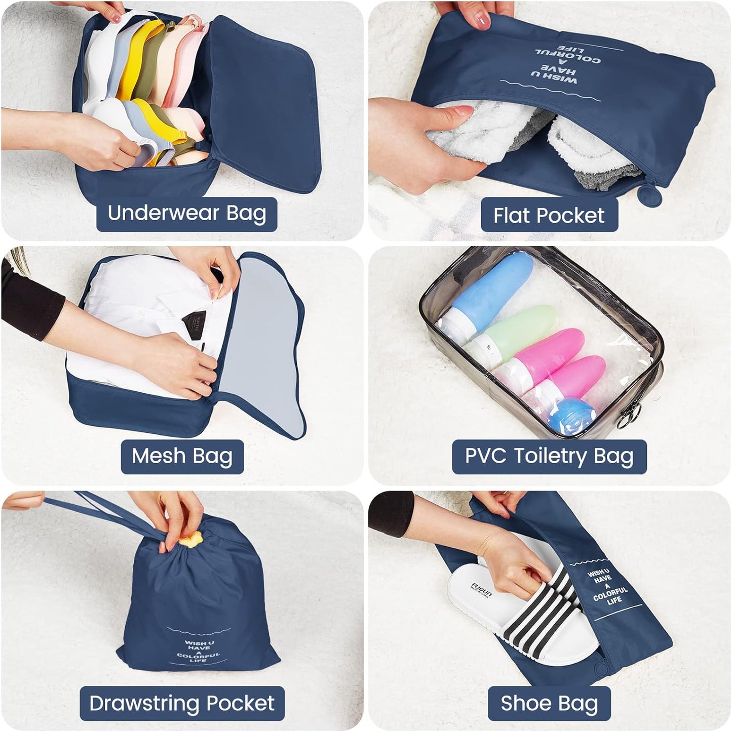 Sarsumir Travel Suitcase Organizer, 8 Pieces Packing Cubes Organizer Suitcase Travel Organizer with Waterproof Bags Toiletry Clothes Shoes, Navy Blue