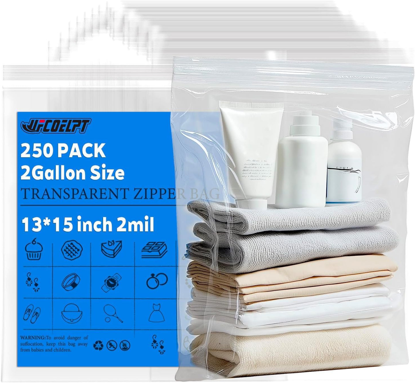 13x15 Inch (2 Gallon Equivalent) Zip Bags, Heavy-Duty Reclosable Freezer Storage Baggies, 250 Pack Thick Plastic Zip Top Lock Bags for Food, Clothes, Organization