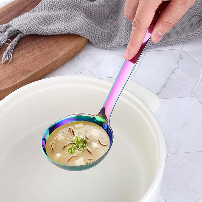 Buyer Star Kitchen Utensils Set 5 Pcs Cooking Utensils Stainless Steel 18/0 Kitchen Tool And Gadgets Salad Spoon Forks Gravy Ladles Pasta Server Potato Masher Mirror Polish Dish Washer Safe, rainbow