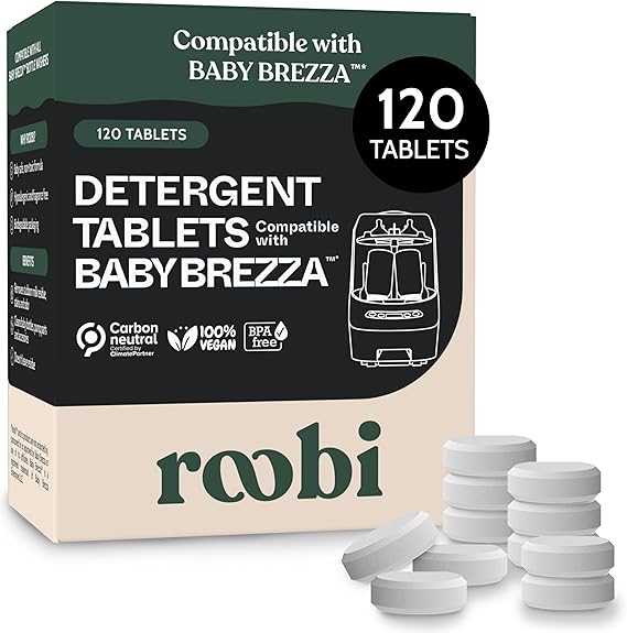 Roobi Detergent Tablets Compatible with Baby Brezza Bottle Washer Pro. Removes Milk Residue & Odor, Hypoallergenic Carbon Neutral Formula. 120 Count.