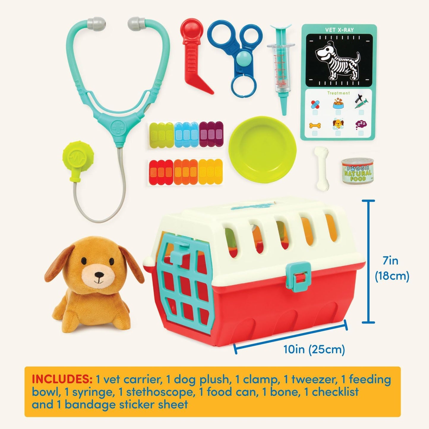 Battat – Mini Vet Playset (11pc) – Plush Dog & Carrier – Stickers & Checklist – Toy Stethoscope & Bone – 2 Years + – Puppy Care Vet Kit