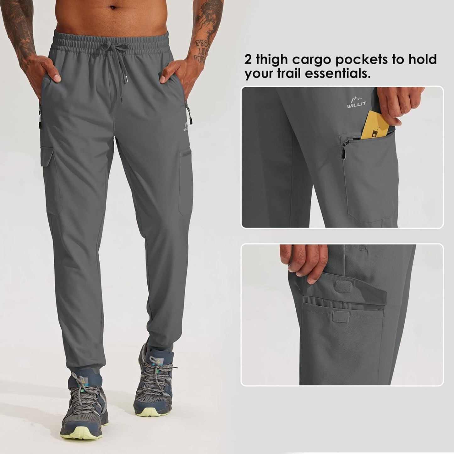 WILLIT Men's Hiking Cargo Travel Pants Lightweight Quick Dry Running Joggers Athletic Outdoor Pants with Zipper Pockets
