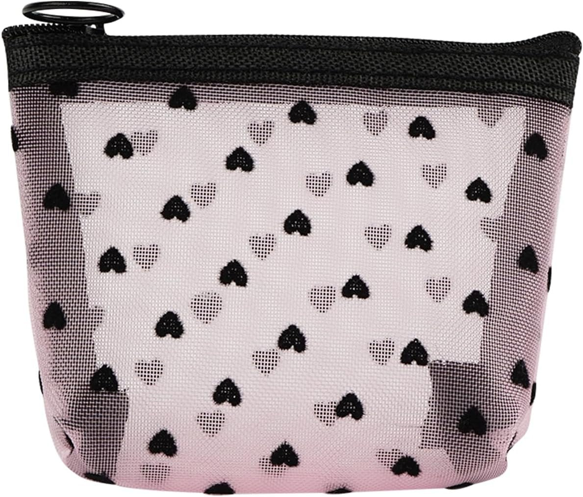 Adorila Mesh Makeup Bags, Heart Print Zipper Mesh Storage Pouch, Travel Cosmetic Accessories Organizer for Women, mini-set of 6