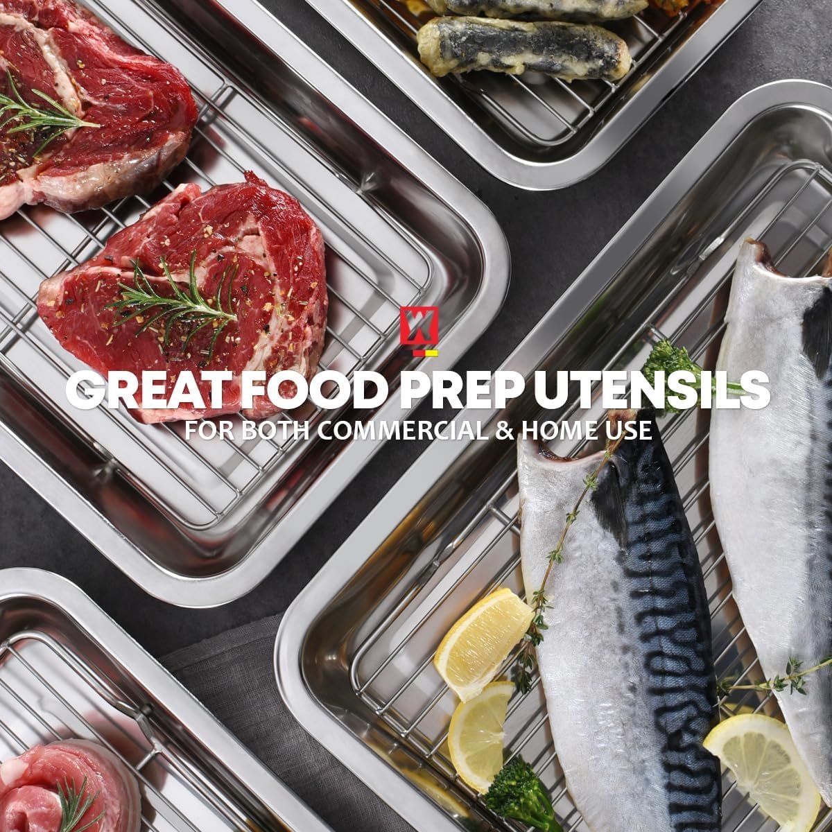 WAGENSTEIGER Stainless Steel Food Prep Container Set with Rack & Transparent Lid, Catering & Buffet Party Pans, Hotel Pans, Food Storage (10.63 x 7.87 x 2 inches / 2.38Quarts)
