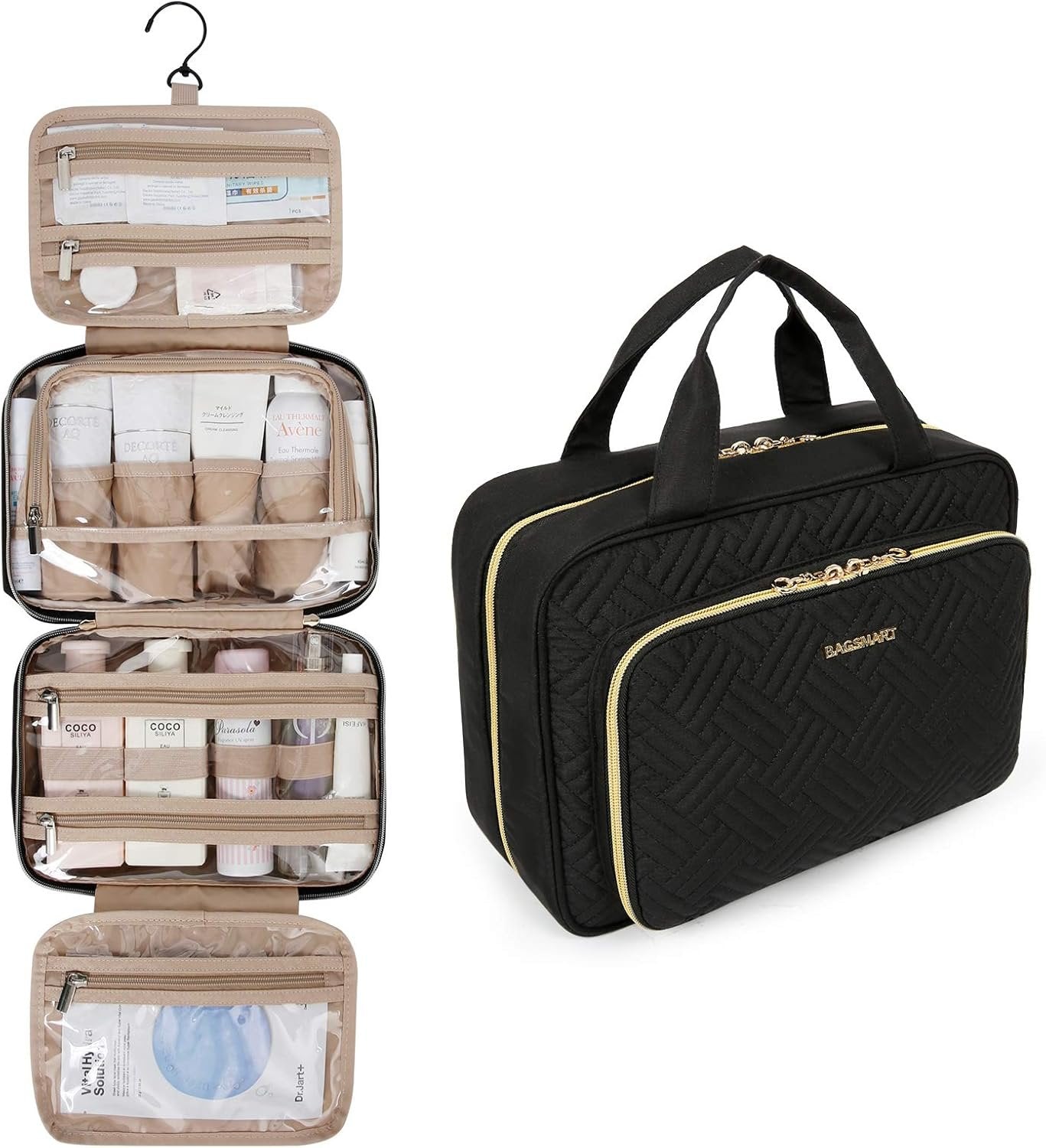 Toiletry Bag, Bagsmart Hanging Travel Makeup Organizer with TSA Approved Transparent, Cosmetic Bag Makeup Bag for Full Sized Toiletries