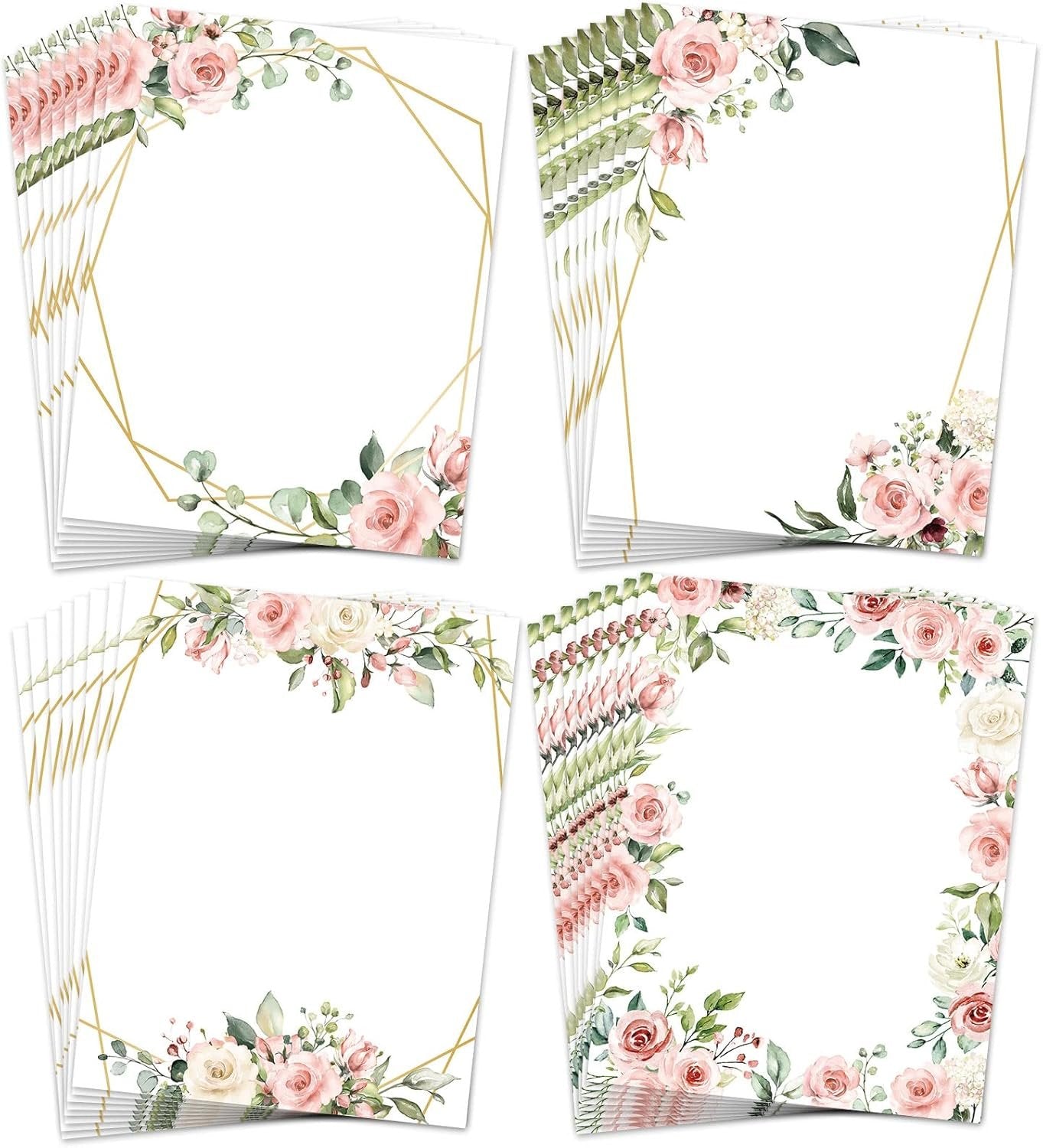 AnyDesign 48 Sheet Floral Stationery Letterhead Paper Pink Flower Letter Writing Paper Wedding Floral Border Paper Notes Greeting Paper for Wedding Party Invitations School Printing, 8.5x11 Inch