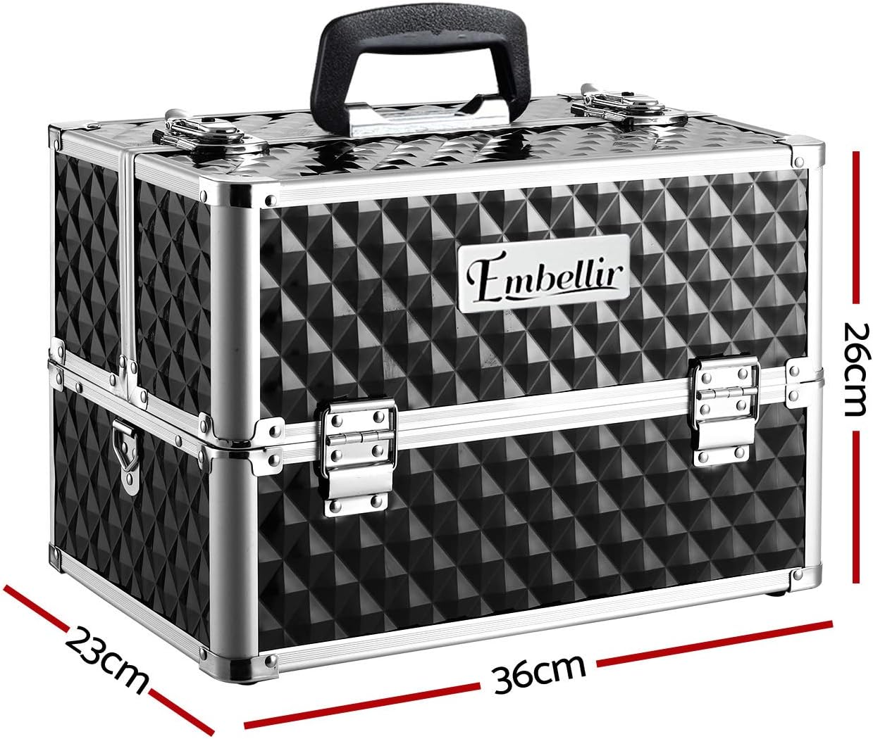 Embellir Makeup Case, Aluminium Lockable Beauty Cases Suitcase Make Up Large Organisers Storage Portable Toiletry Cosmetic Box Travel Indoor Outdoor Accessories, with 8 Dividers 4 Sliding Trays Black