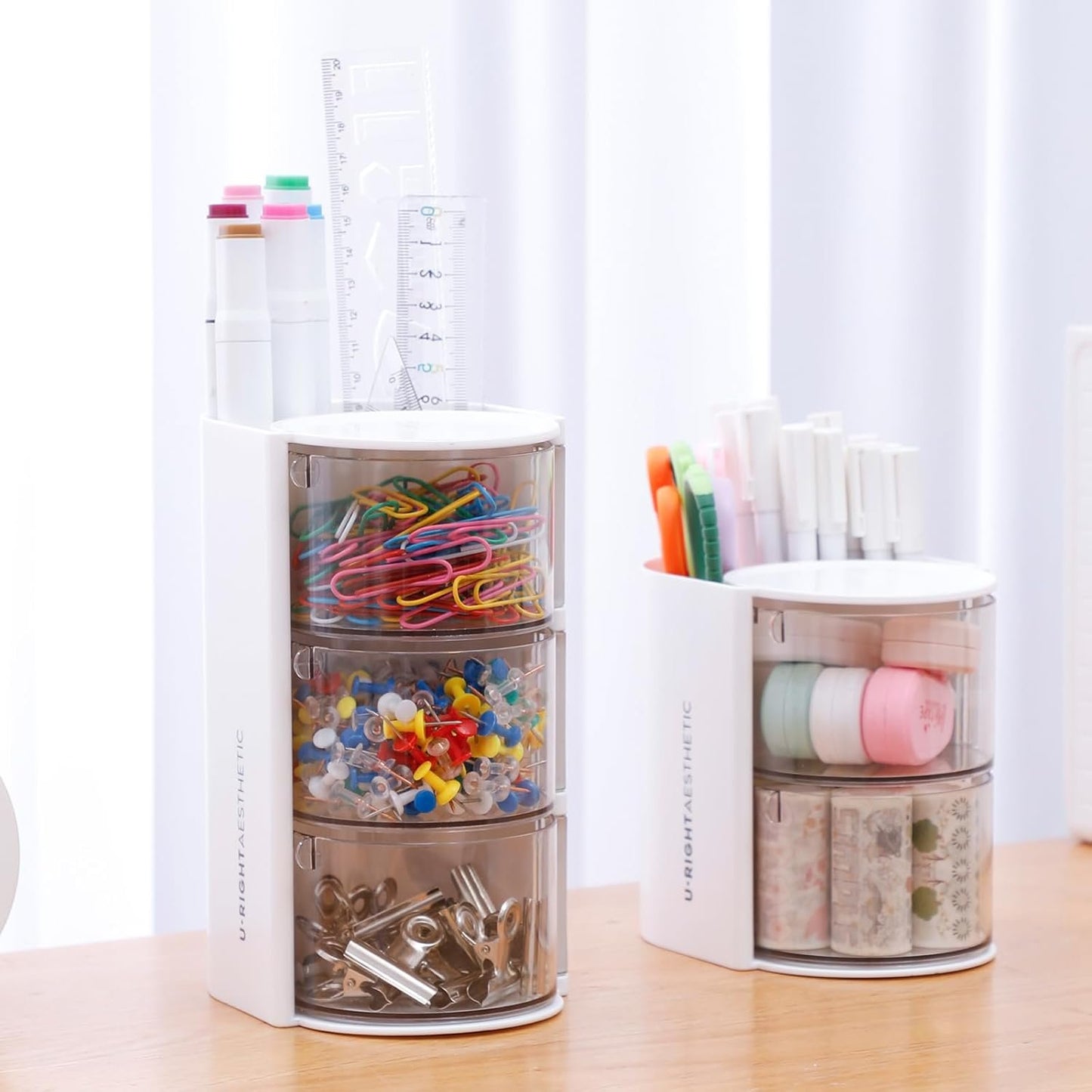 FABROK 2-Layer Clear Hair Accessories Organizer with Hair Brushes Holder, Rotatable Small Jewelry Box for Necklaces、Earring, Desktop Organizer Case for Makeup Brushes, Hair Accessories, Cotton Swab