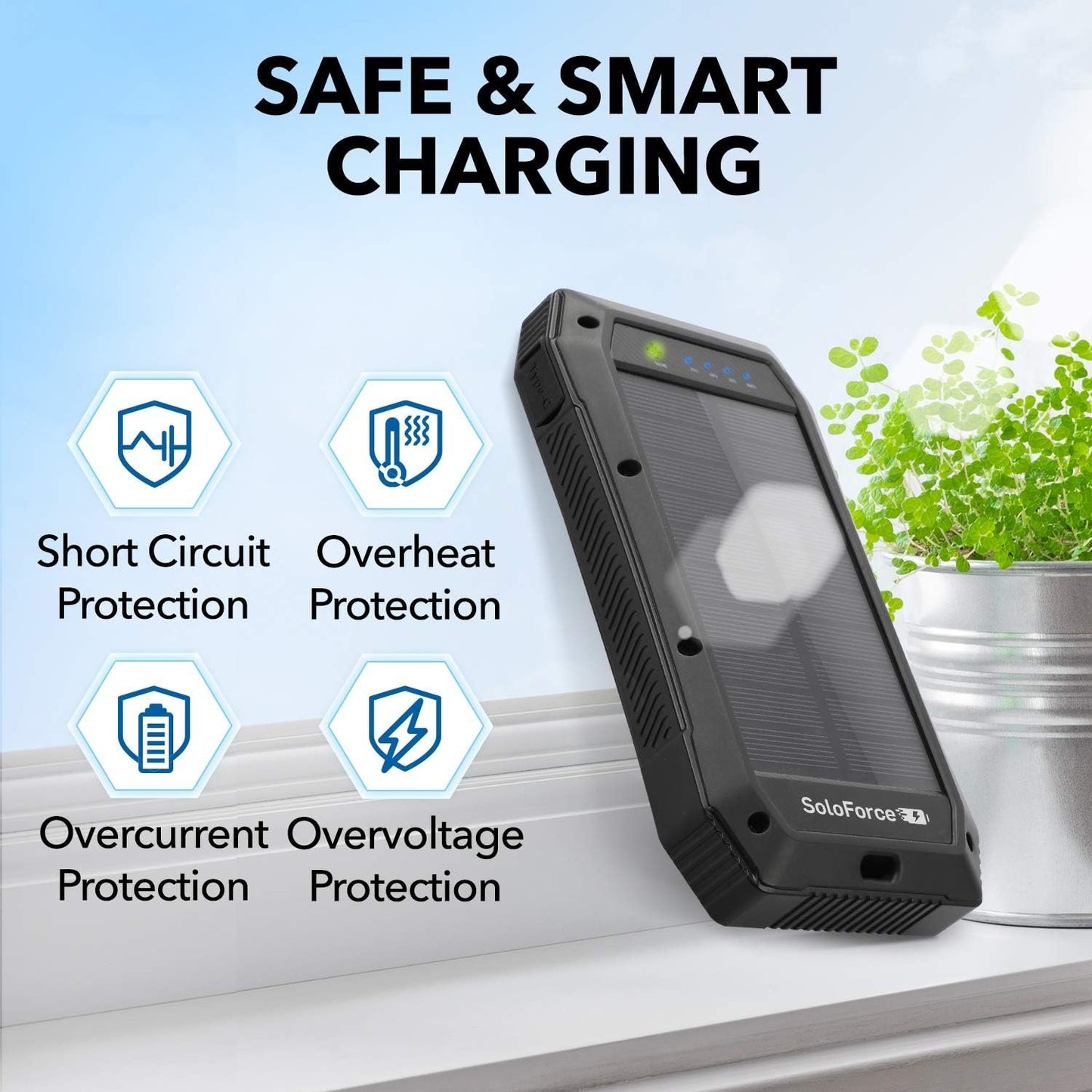 SoloForce Solar Power Bank - Solar Charger and Portable Battery with Portable Charger | QI Wireless Charger and Solar Charger for Cell Phone | 20000mAh Li-Po Solar Battery Charger