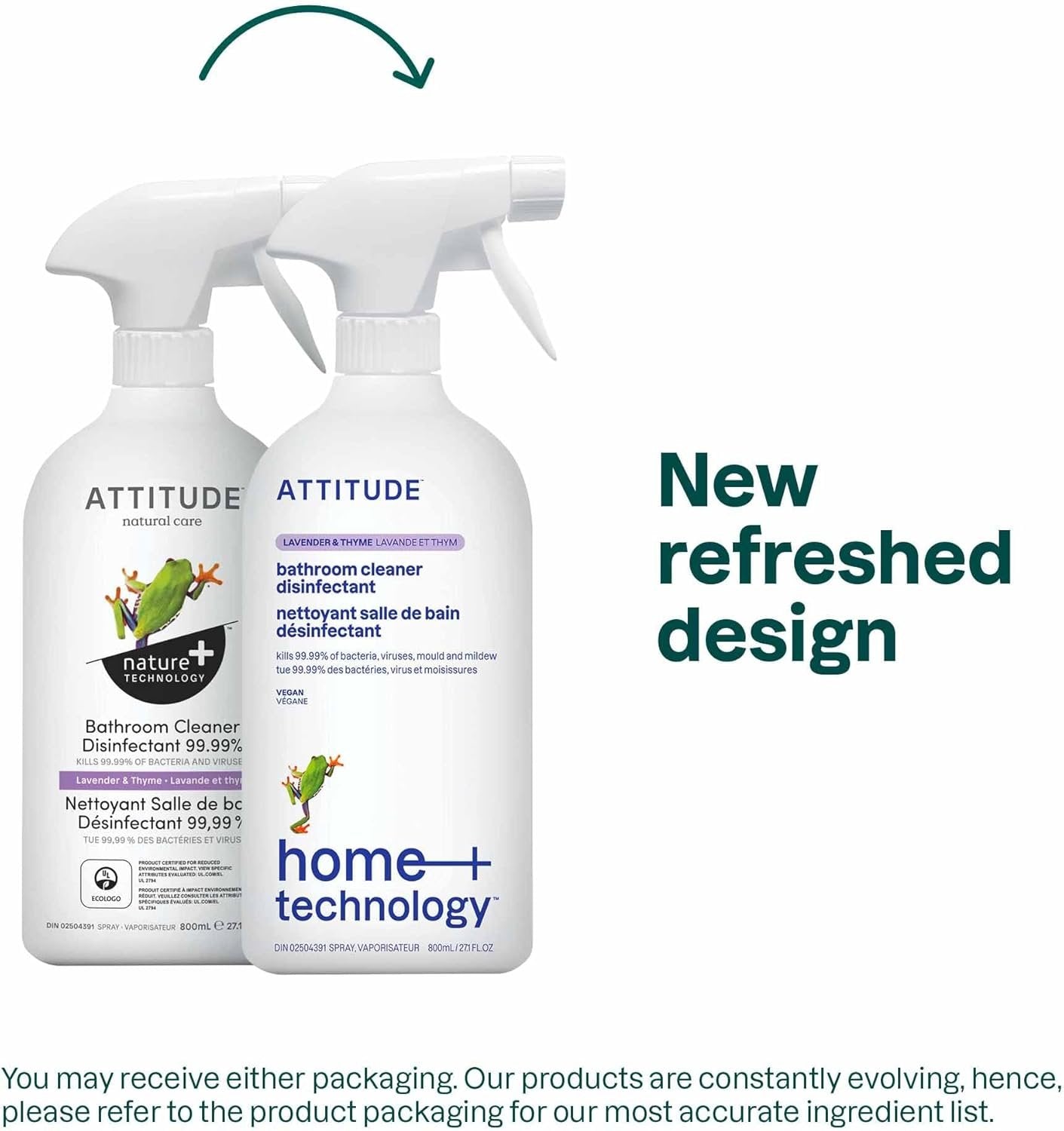 ATTITUDE Bathroom Cleaner Disinfectant 99.99%, Made in Canada, Eliminates Bacteria, Germs and Viruses, Vegan, Lavender and Thyme, 800 mL