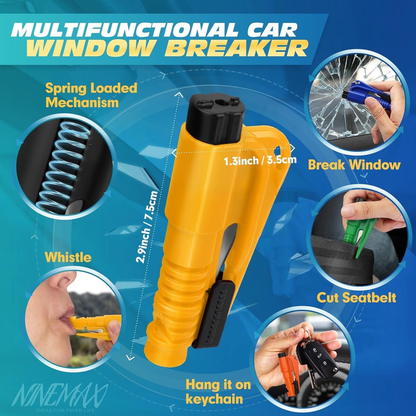NINEMAX Car Window Breaker Seatbelt Cutter, Pack of 8 Glass Breaker Keychain, 3 in 1 Car Escape Tool Safety Emergency Hammer Window Punch Tool Underwater Rescue
