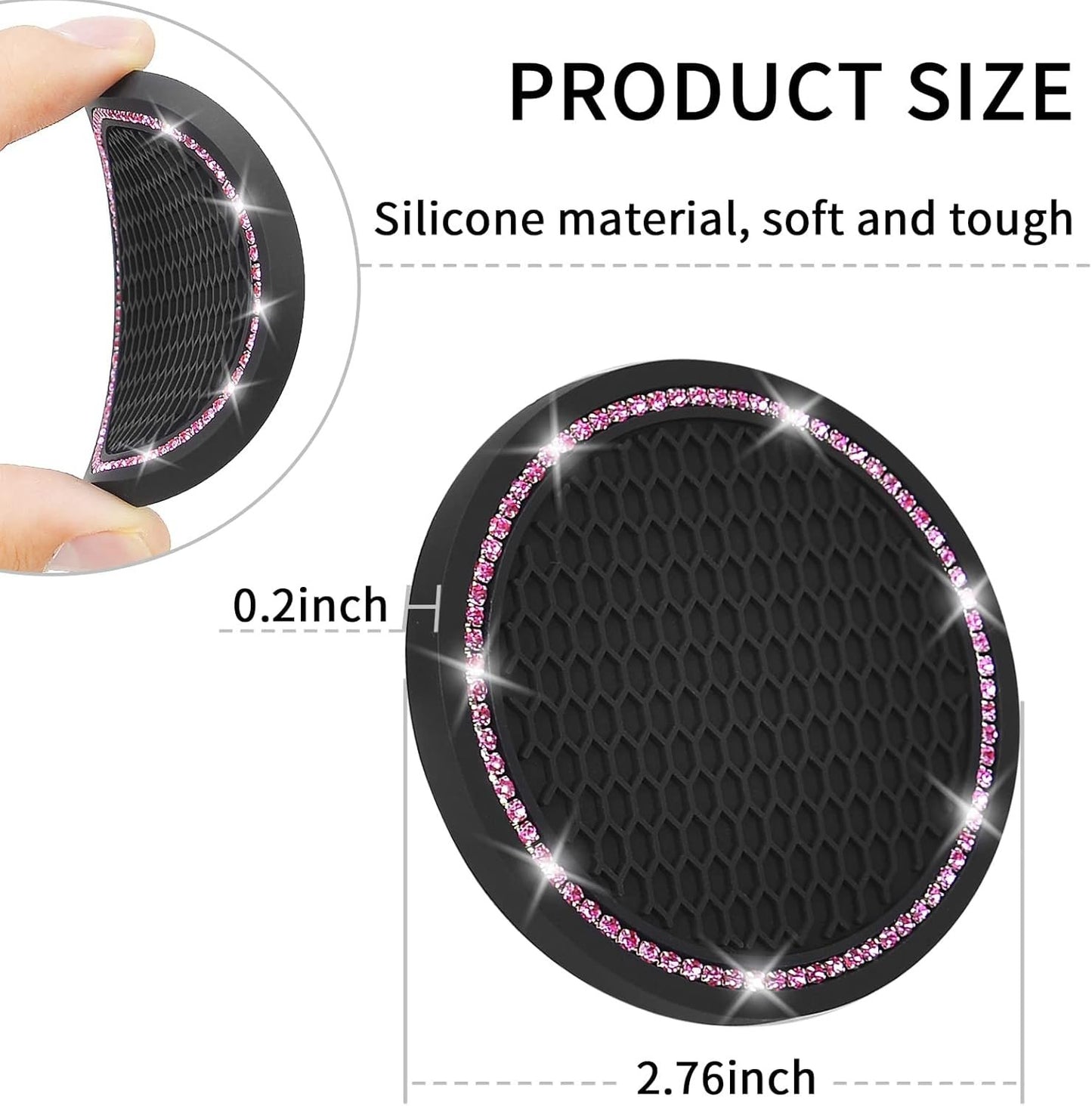 4 Pack Car Coasters, Universal Vehicle Bling Car Coaster, Crystal Rhinestone Coaster for Cup Holders,Interior Accessories 2.75'' Silicone Anti Slip Car Coasters for Women (Pink Crystal Circle)
