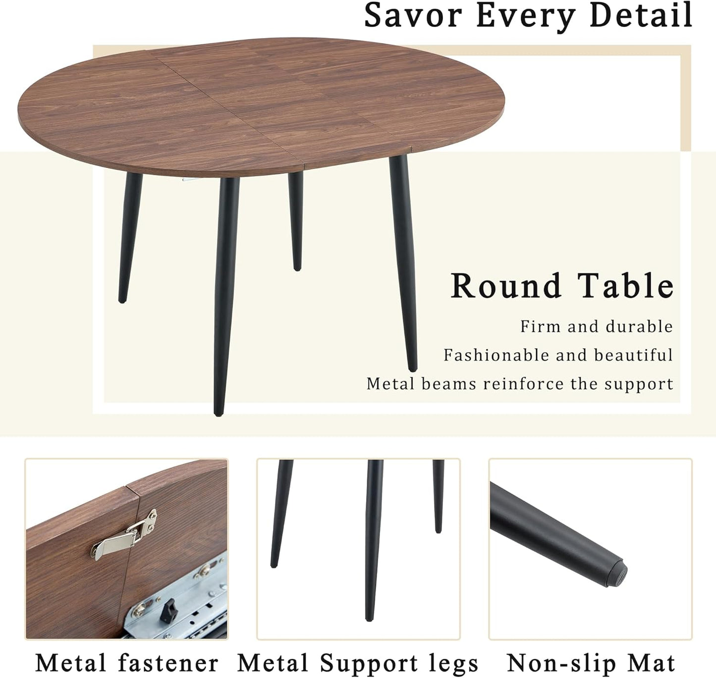 FURNITO 42"-54" Extendable Round Dining Room Table for 4 6 People, Wooden Kitchen Tabletop with Metal Legs, Space Saving Modern Dining Table for Small Space, Easy to Assemble, Walnut