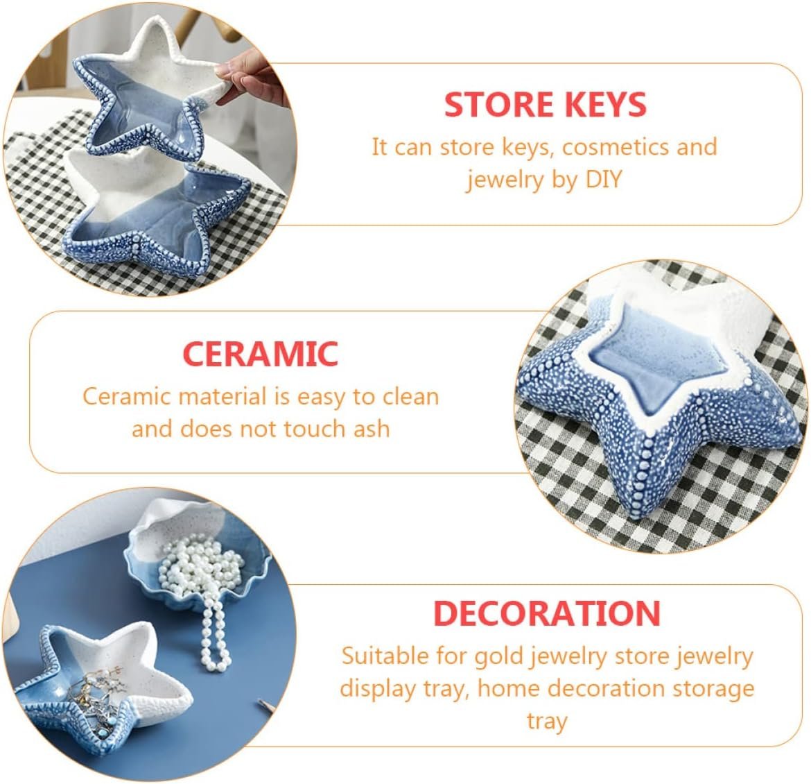 DEARMAMY 2 Pcs Starfish Tray Gadgets Home Supplies Home Drawer Jewelry Box Beach Plate Key Starfish Ceramic Blue