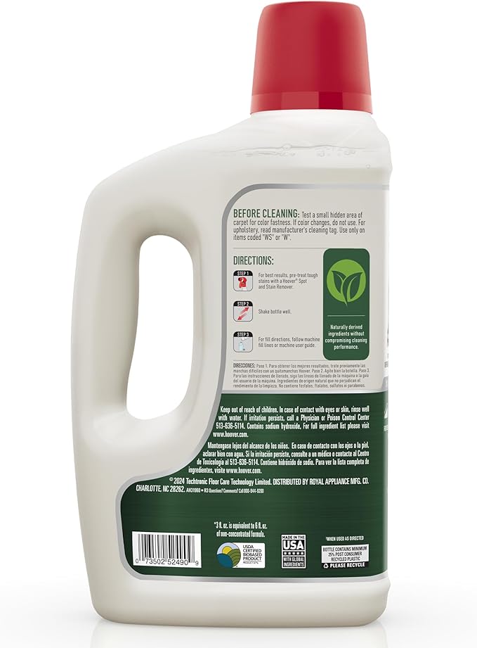 Hoover Pure Essentials Carpet Cleaner Solution, 50 oz., Fresh Rain Scent, Natural Plant Based Formula, Deep Cleaning Carpet Shampoo Solution, Pair Carpet Cleaner Machine