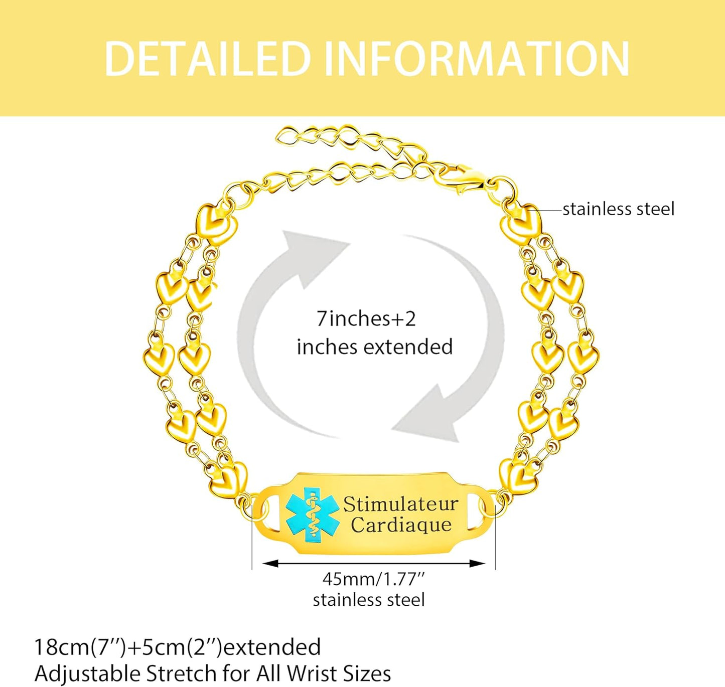 JunyiDIY Women’s Medical Alert Bracelet, Double Layer Adjustable Health Safety ID Gold Plated Stainless Steel Medical Emergency Bracelets Waterproof for Women YA5200
