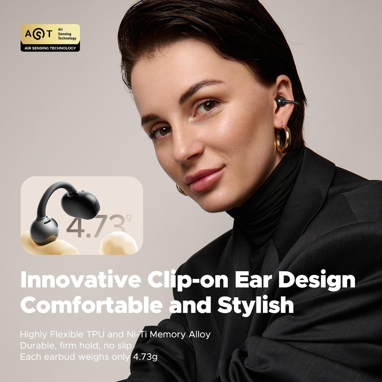 SoundPEATS POP Clip Design Fit Open Ear True Wireless Earbuds, Lightweight Comfort, Bluetooth 5.4 30H Playtime Clip Headphones, Immersive Audio, IPX5, Sports, Running, Workout Earphones, Black