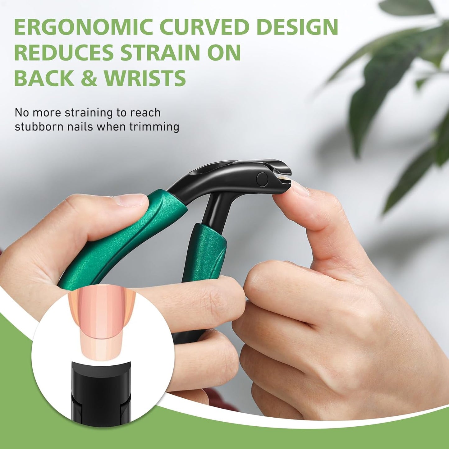 BALUCA Curved Head Toenail Clippers for Seniors for Thick Toenails, Long Handle Toe Nail Clippers with Catcher, German Stainless Steel Angled Nail Clippers with Silicone-Grip - Green