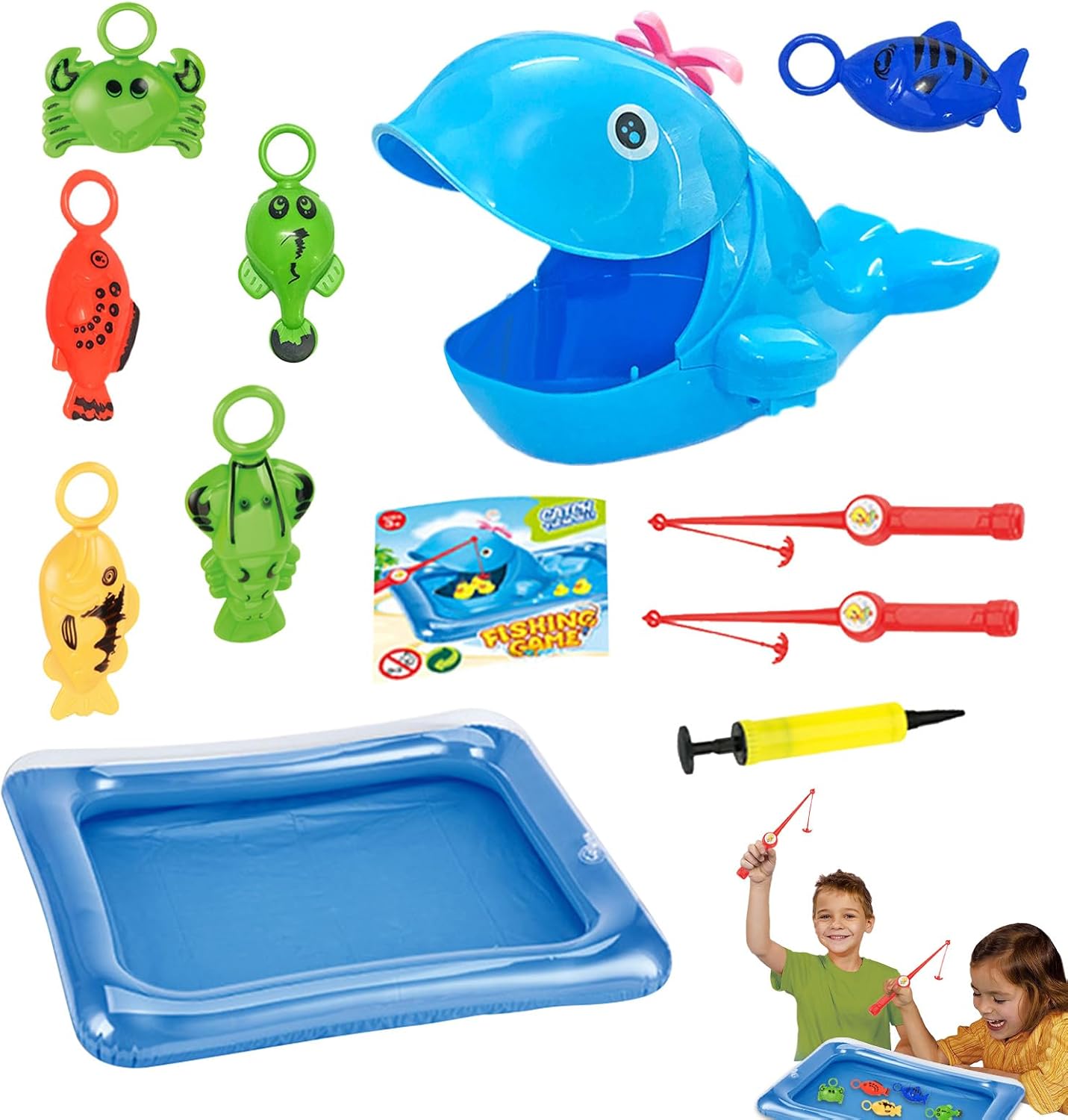 Toddler Fishing Toy Set – Inflatable Swimming Fish Pool Game with Hand Pump | Water Table Bathtub Toy for Summer Outdoor Play, Bath Time Fun & Kiddie Party Favors – Interactive Bath Game for Boys & Gi