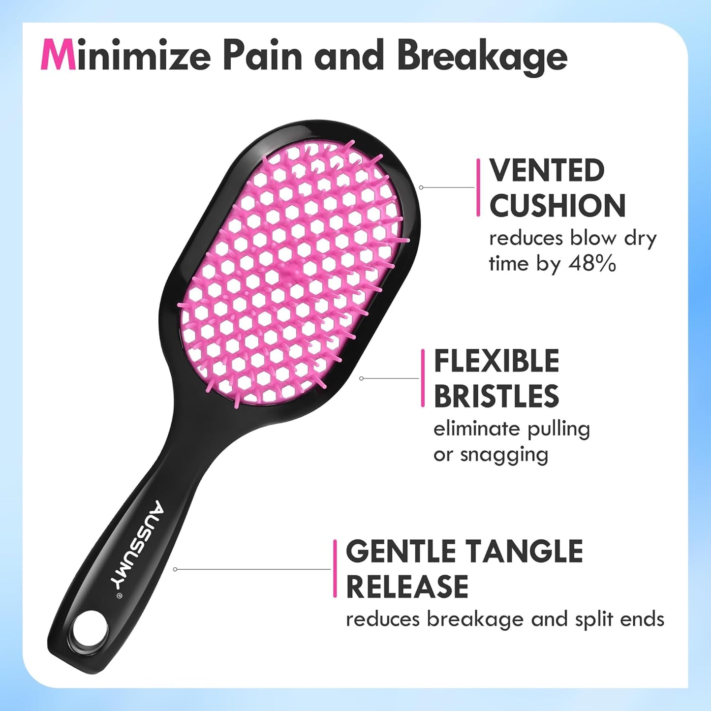 Vented Detangling Hair Brush - 2 Pack Detangler Hairbrush for Effortless Tangle Removal - Ultra-Soft Bristles -For Natural Curly Straight Wet Dry Damaged Hair for Women Men Kids - Blue & Pink
