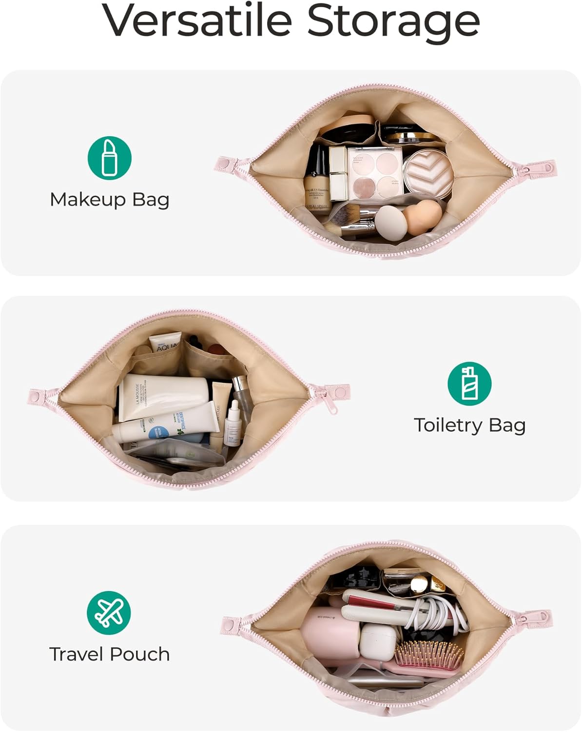 BAGSMART Makeup Bag Travel Makeup Bag, Cute Make Up Bag, Large Capacity Cosmetic Bags for Women, Wide-open Makeup Pouch Travel Essentials Toiletries Accessories Brushes (beige)