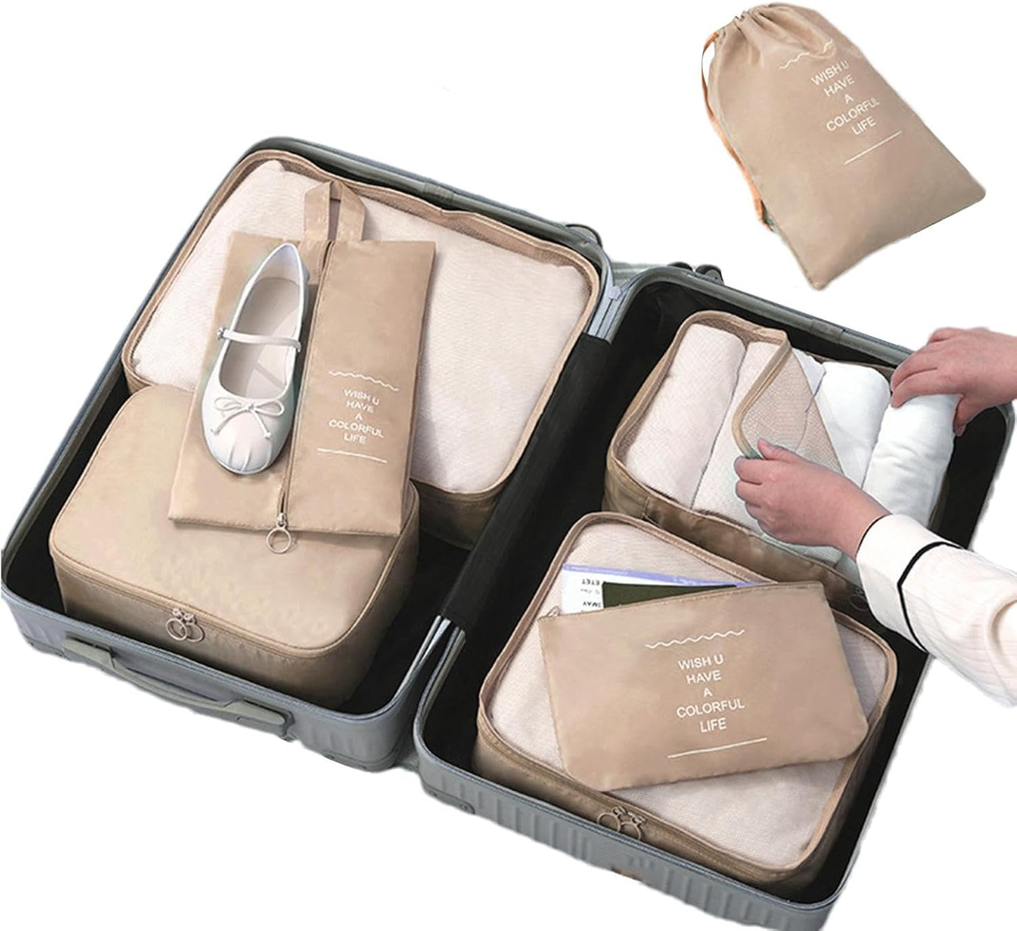 Travel Storage Bag, Suitcase Packing Organizer, 7-Piece Luggage Cubes Set, Lightweight Travel Accessories, Space-Saving Clothes and Toiletry Organizer for Trips