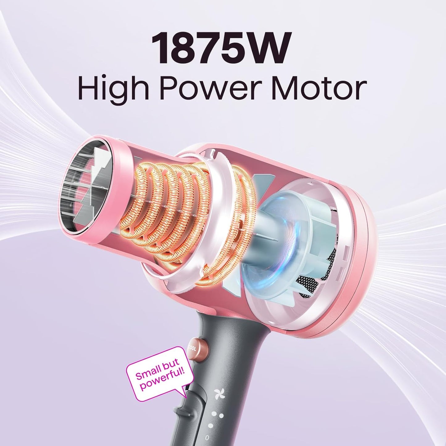 Wavytalk Hair Dryer, Blown Away Ionic Hair Dryer for Curly Hair with Diffuser, 1875W Fast Drying Blow Dryer with Ceramic Technology, 3 Attachments for All Hair Types, Light and Quiet, Rose Gold