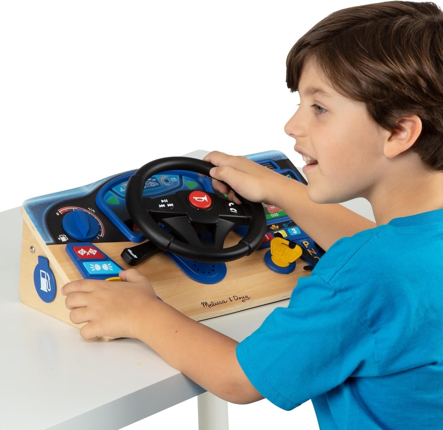 Melissa & Doug Vroom & Zoom Interactive Wooden Dashboard Steering Wheel Pretend Play Driving Toy | Kids Activity Board, Toddler Sensory Toys For Ages 3+ Blue