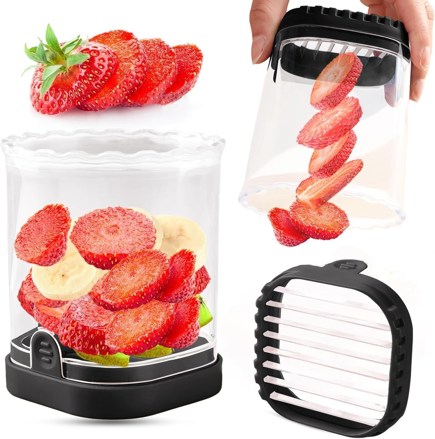 Fruit Slicer Cup | Strawberry Slicer | Banana Slicer | Grape Cutter | Egg Slicers | Detachable Fruit Cutter Slicer with Push Plate | Creative Strawberry Slicer Kitchen Gadget (Black, One Size)