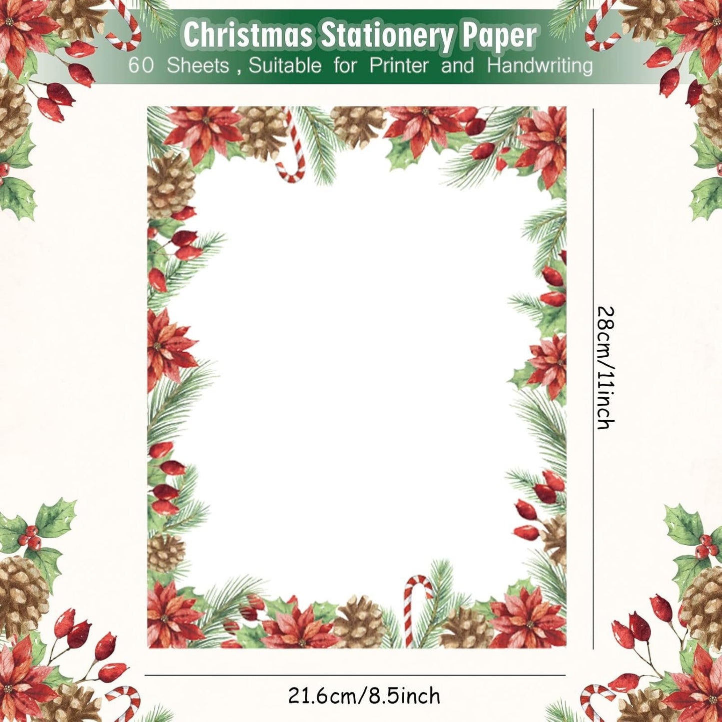 AnyDesign 60Pcs Christmas Stationery Paper 4 Design Christmas Green Plants Border Letterhead Winter Decorative Writing Paper for Xmas Notes Greeting Cards Invitation Office School Printing, 8.5 x 11"