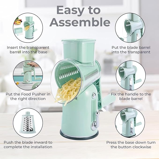 Chef Power's 5 in 1 Rotatory Cheese Grater - Premium Quality Hand Cheese Grater With Handle - Food Chopper for Kitchen - Light Green