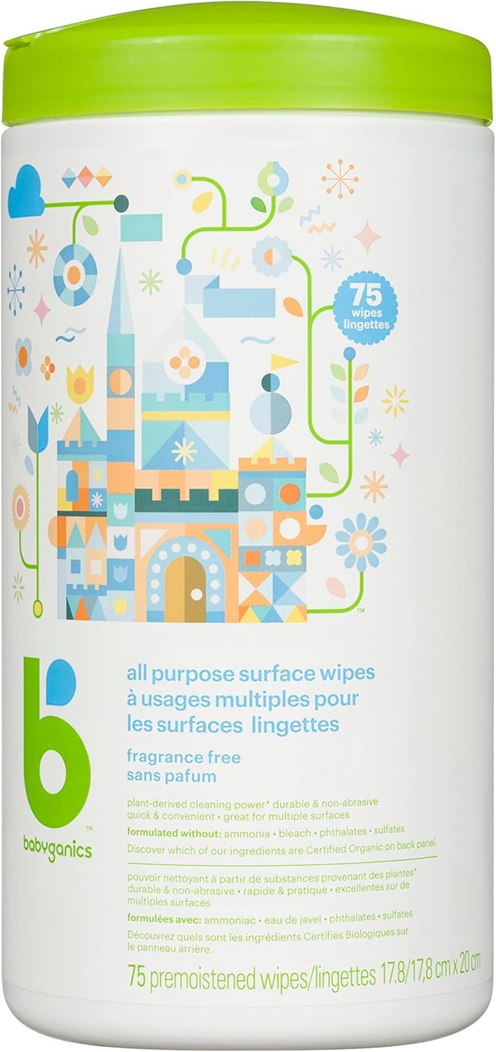 Babyganics Unscented & All-Purpose Wipes, Surface Cleaning Wipes to Cover Baby's Tracks and Prepare Their Next Adventure, Fragrance and Ammonia Free, 75 Wipes, Packaging May Vary