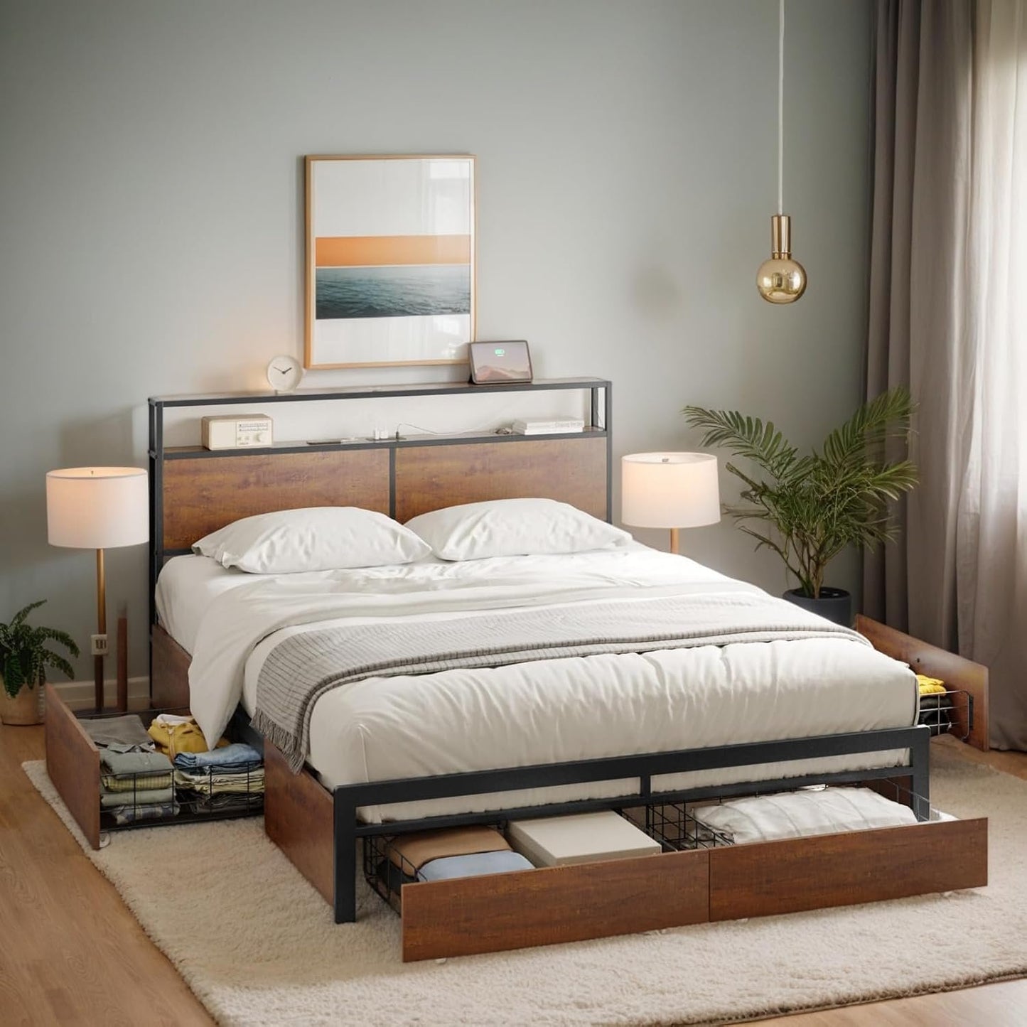 Bed Frame with Storage Headboard & 4 Drawers - LED Charging Station, Silent Metal Platform, No Box Spring Needed (Brown, Queen (U.S. Standard))