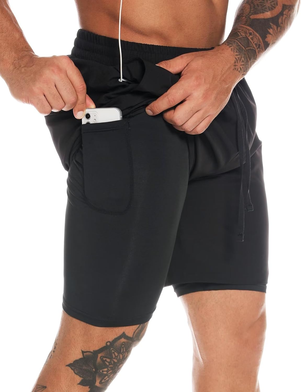 MOVEUP 2 in 1 Gym Running Shorts 7" Quick Dry Spandex Shell Fabric Compression Lining Sport Shorts Basketball Shorts Active Fitness Shorts Workout Training Shorts with Zipper Pocket for Men