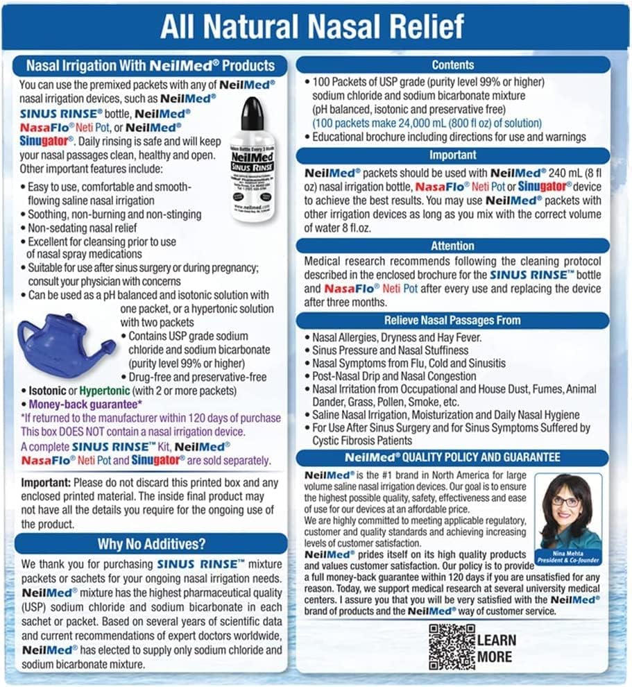 NeilMed Sinus Rinse 100 Premixed Packets – All Natural Nasal Irrigation for Sinus Relief, Moisturization, and Daily Hygiene – Drug-Free, Preservative-Free (Pack of 2)